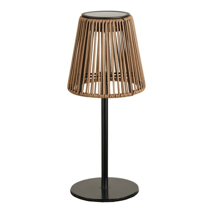 Lampe solaire à poser imitation rotin pied en métal noir - STANFORD Lampe solaire à poser imitation rotin pied en métal noir - STANFORD