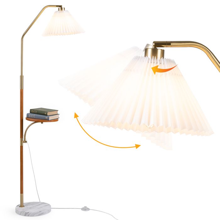 Lampadaire Salon sur Pied Doré-COSTWAY-159.5CM Abat-Jour Orientable Tablette en Bois Moderne Interrupteur à Pied Douille E27
