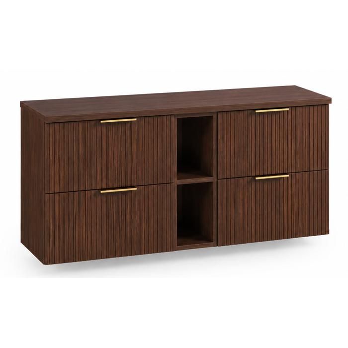 Meuble sous vasque suspendu FLOW 140 cm noyer foncé avec étagère et plan de travail Meuble sous vasque suspendu FLOW 140 cm noyer foncé avec étagère et plan de travail