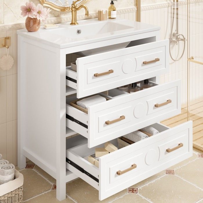 Meuble sous Vasque de Salle de Bain Blanc avec Vasque Céramique 3 Tiroirs 3D Chic Poignées Dorées 76x47x82cm Meuble sous Vasque de Salle de Bain Blanc avec Vasque Céramique 3 Tiroirs 3D Chic Poignées Dorées 76x47x82cm
