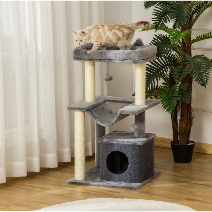 Arbre à chat multi-niveaux avec hamac niche plateformes et griffoir sisal gris 48 x 48 x 90 cm - UVRION