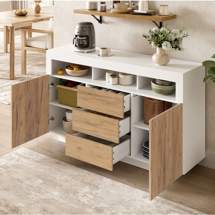 Buffet Bas 140 cm Blanc Et Aspect Bois Bahut Moderne FloraGrace Pour Salon Entree Ou Cuisine A Monter Soi-Meme 140x40x85cm