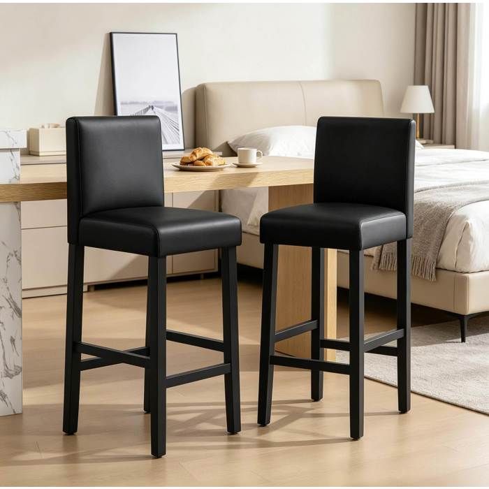 Tabouret de bar avec dossier lot de 2 noir en simili et bois massif assise rembourrée repose-pieds 78 cm ORVRYN