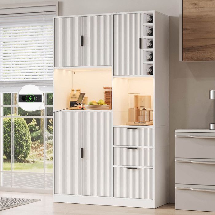 Buffet haut de cuisine 105x40x180 cm avec LED App prises USB Type-C 3 tiroirs étagères réglables blanc