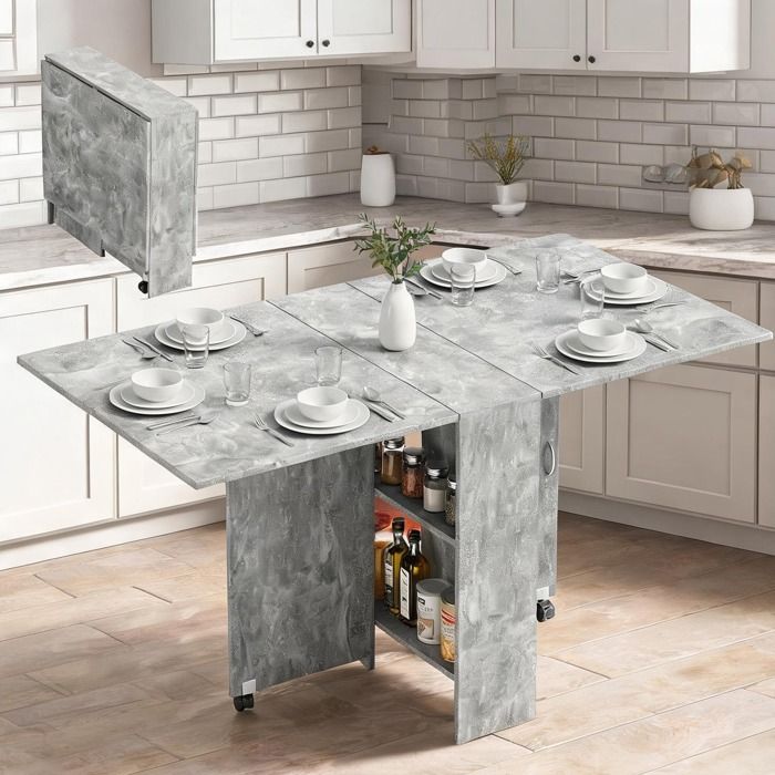 Table pliante extensible en panneaux de particules gris 2 étagères 75-140 cm salle à manger