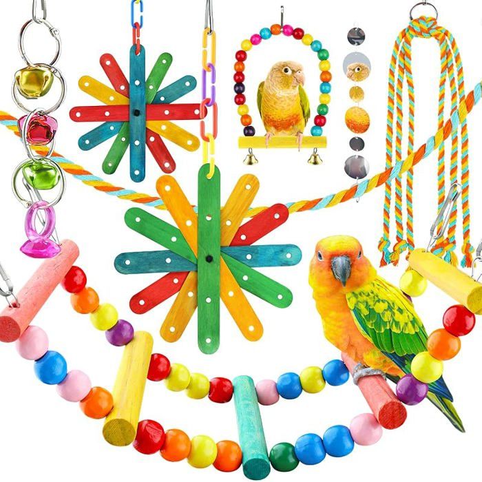 Lot de 8 jouets pour oiseaux pour perruches avec échelle colorée hamac accessoires de cage à oiseaux perchoir jouets à mâcher