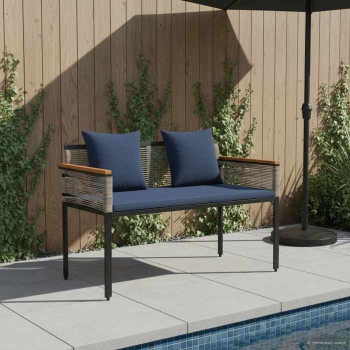 Gris Banc extérieur Gris et bleu marine 117x54x74.5 cm polyrotin - Siège de balcon LV66179