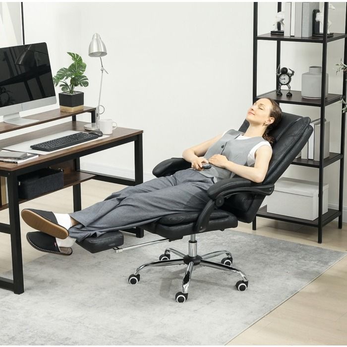 Fauteuil de bureau massant chauffant avec repose-pieds dossier inclinable 135° roulettes polyester noir JOINERY