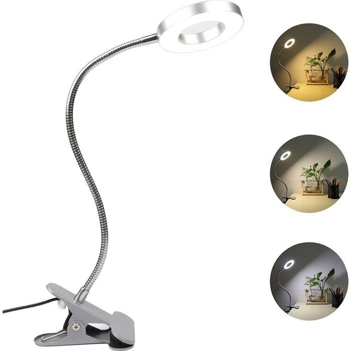 Lampe de bureau à pince USB - 48 LED 3 couleurs 10 intensités Bras flexible 360° - Bureau lecture - Argent