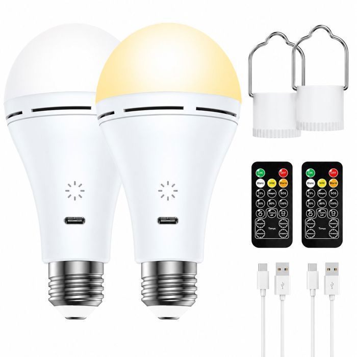 2PCS Ampoule LED Rechargeable USB - E27 - Télécommande Tactile - Variateur Lumière 3 Couleurs - pour Camping Maison Garage - Blanc