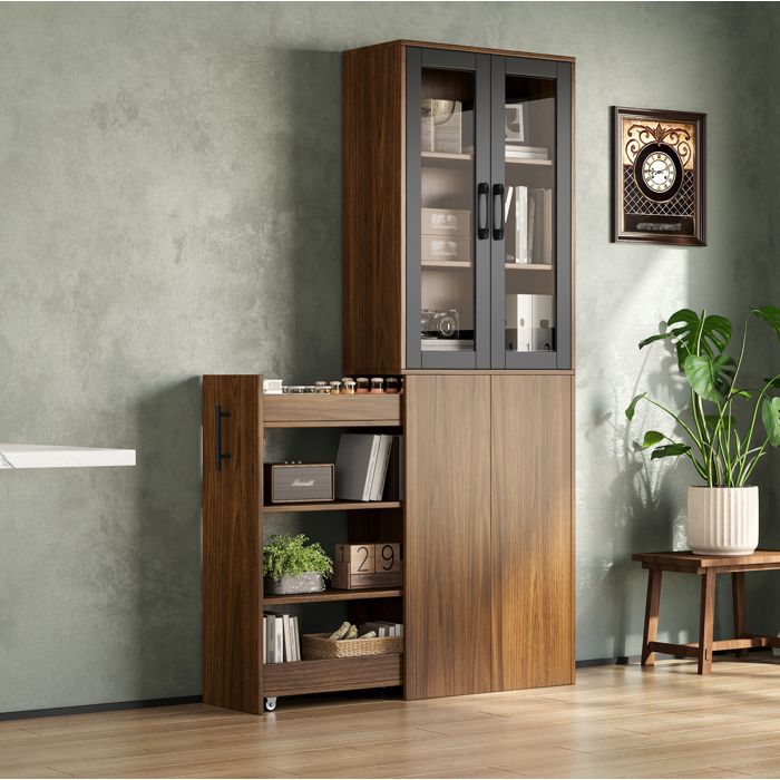 Meuble Colonne Cuisine 2 Portes Vitrées Chariot Coulissant à Roulettes 60×30×180 cm Noir et Bois Naturel - UVRION