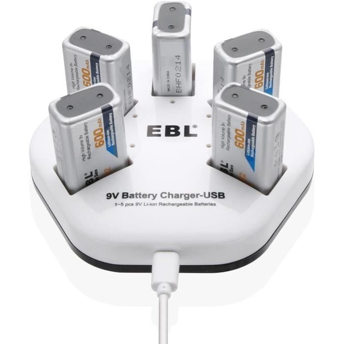 EBL 5pcs Piles 9V Rechargeables avec Chargeur de Piles 9V, Batteries 9V  Rechargeables 600mAh 6F22 Li-ION, avec Chargeur 5 Slots 239 - Cdiscount  Jeux - Jouets