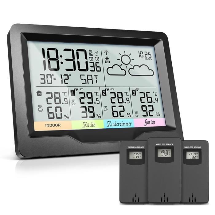 Station Météo Sans Fil Pro Avec 3 Capteurs Extérieurs – Prévisions Précises, Écran Couleur, Alarme & Sommeil