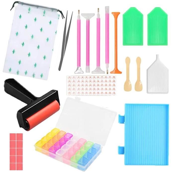 Kit Complet De 24 Outils Pour Peinture Diamant / Broderie Diamant - Stylos, Colle, Plateaux, Pince, Boîte De Rangement