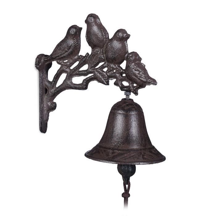 Relaxdays Cloche de Porte en Fonte avec Oiseaux, Style Maison de Campagne, Son Clair, Cloche Murale de Jardin, résistant aux inte