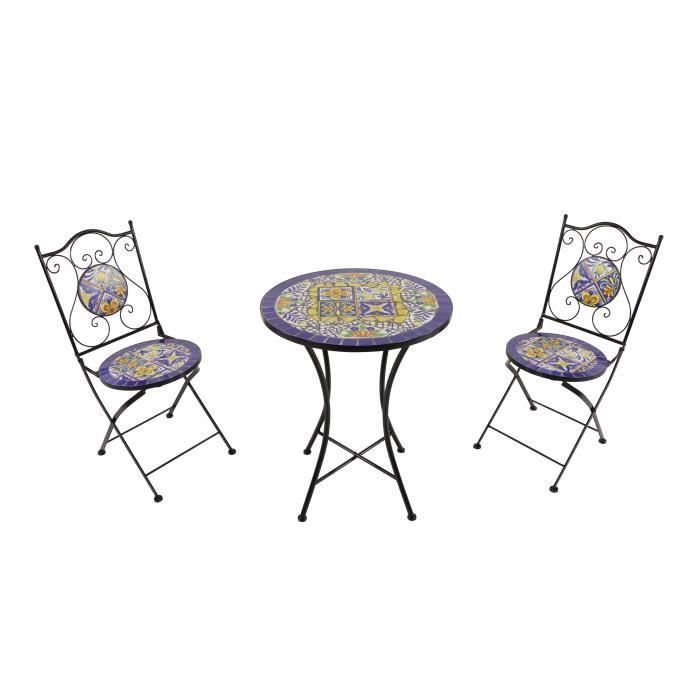 ensemble bistro extérieur mosaique bleu/jaune - axi amélie - 2 chaises 1 table - style mediterranéen