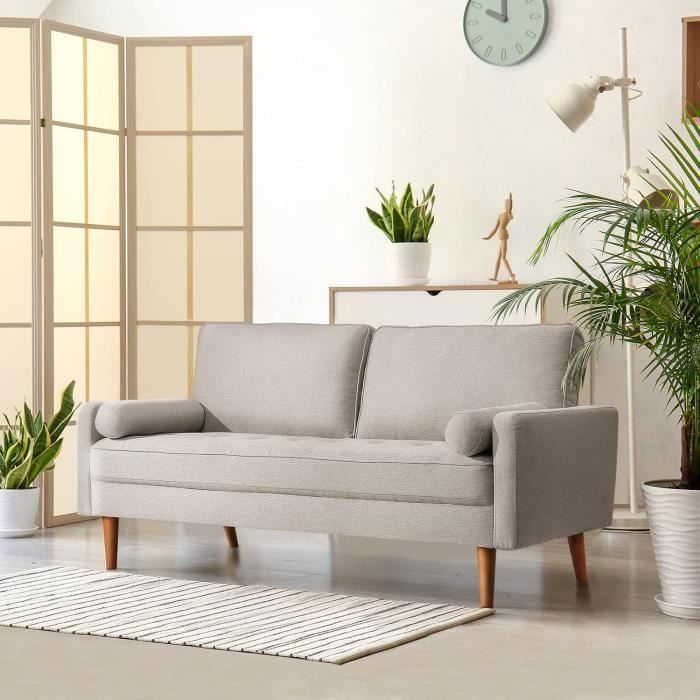 DRIPEX Canapé 3 Places Style Contemporain en Tissu Beige avec 2 coussins pieds bois massif Fauteuil Moderne 77x173x84cm
