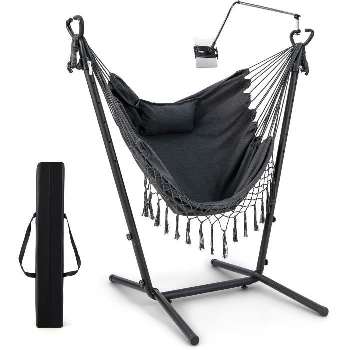 goplus hamac avec cadre en métal et siège en couton,fauteuil suspendu à hauteur réglable avec support pour téléphone portable