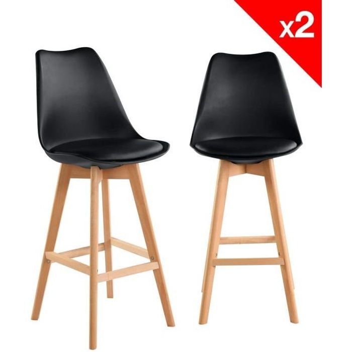 lot de 2 chaises de bar scandinaves kayelles tika - noir - assise rembourrée - pied en bois de hêtre
