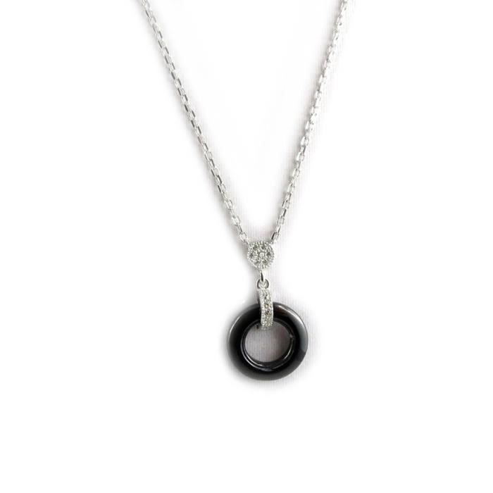 Collier Mi-long En Argent Rhodié Avec Pendentif Céramique Et Oxydes De Zirconium - Occasion Comme Neuf