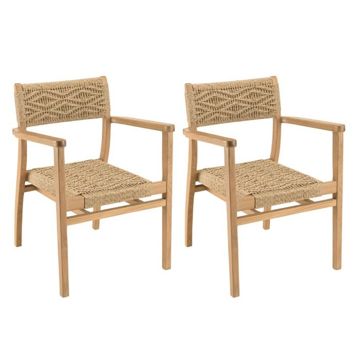MACABANE VALERIA - Lot de 2 fauteuils jardin en bois teck rotin motif losange MACABANE VALERIA - Lot de 2 fauteuils jardin en bois teck rotin motif losange