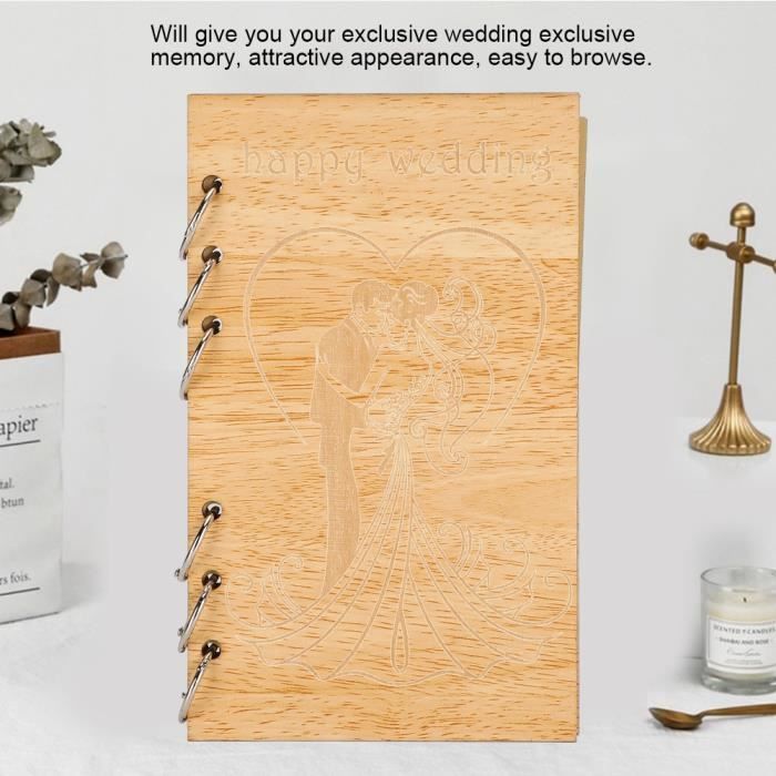 Livre D'Or Mariage Vintage Bois – 40 Pages + 230 Autocollants – Format 26,5 × 19,5 Cm – Souvenirs Personnalisés