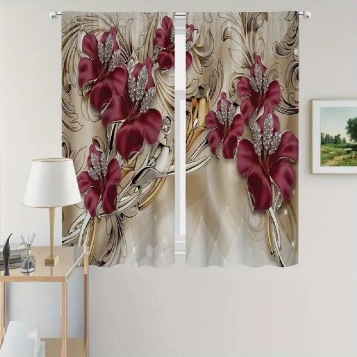 2pcs Rideaux Imprimés À Fleurs Évasées, Rideau À Poche De Tige Convient Pour La Cuisine Chambre