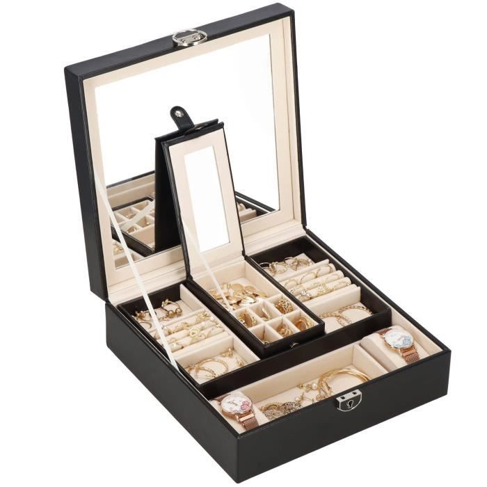 Boîte à Bijoux 5five Avec Miroir En Bambou - Dimensions 15x15x9,5 Cm, 3 Bacs + 1 Tiroir, Revêtement Velours