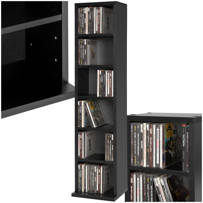 Bibliothèque - TECTAKE - Étagère pour DVD/CD JULIANE avec 6 compartiments réglables aspect bois 90 x 21 x 20 cm - Noir