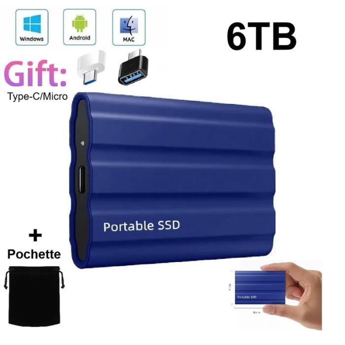 Disque Dur Externe SSD Portable 6TB 6To Bleu Haute Vitesse avec OTG Type-C  Micro + Pochette Sac de Stockage en Tissu - Cdiscount Informatique