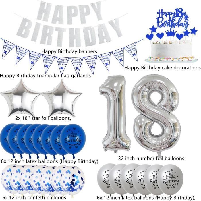 Décoration 18 Ans Anniversaire Garcon Fille Décoration Argent Bleu Décoration Anniversaire
