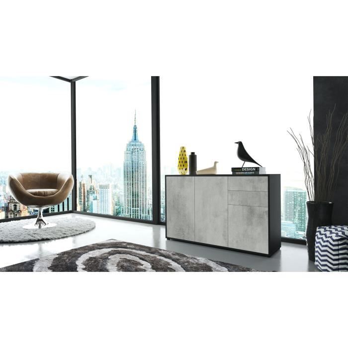Commade Skadu Vladon - 2 Portes, 3 Tiroirs, Compartiment Ouvert - Noir Mat / Chêne Brut - 138,5x71,5x35 Cm - 8