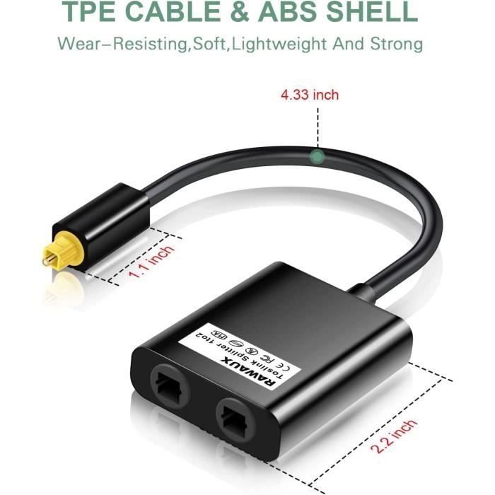 Câble Optique Audio Splitter 1 en 2 sorties Répartiteur de câble audio  optique Toslink, Adaptateur fibre
