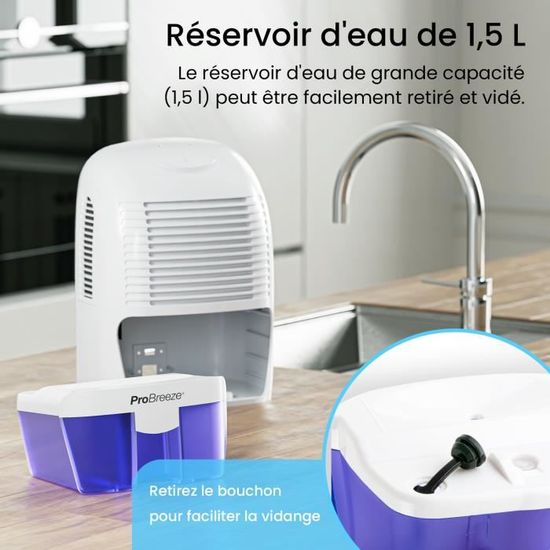 Pro Breeze Déshumidificateur 1500ml, compact, portable & silencieux -  contre l'humidité et les moisissures dans la maison, chambre, salle de bain  : : Cuisine et Maison