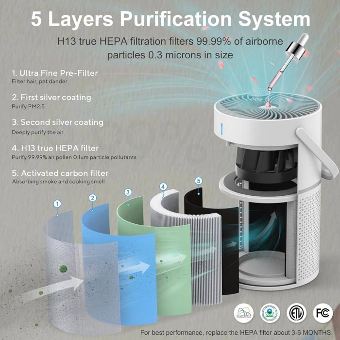 Purificateur D'Air Allergique CADR 240 M³/h - Chambre, Poils Animaux, 3 Minuteries, 4 Vitesses, Filtre H13 HEPA