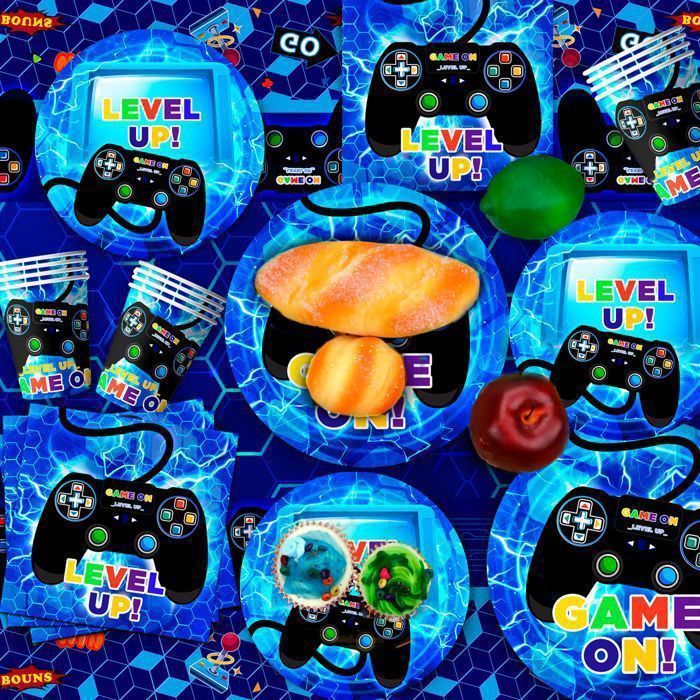 Doyomtoy – Set Vaisselle Fête Jeux Vidéo – 20 Assiettes, Tasses, Serviettes + Nappe – Thème Gamer – Sert 20 Invités