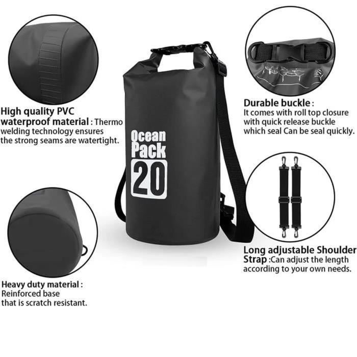 ROCK CLOUD Sac étanche 20L – Imperméable Pour Kayak, Rafting, Plage – Unisexe