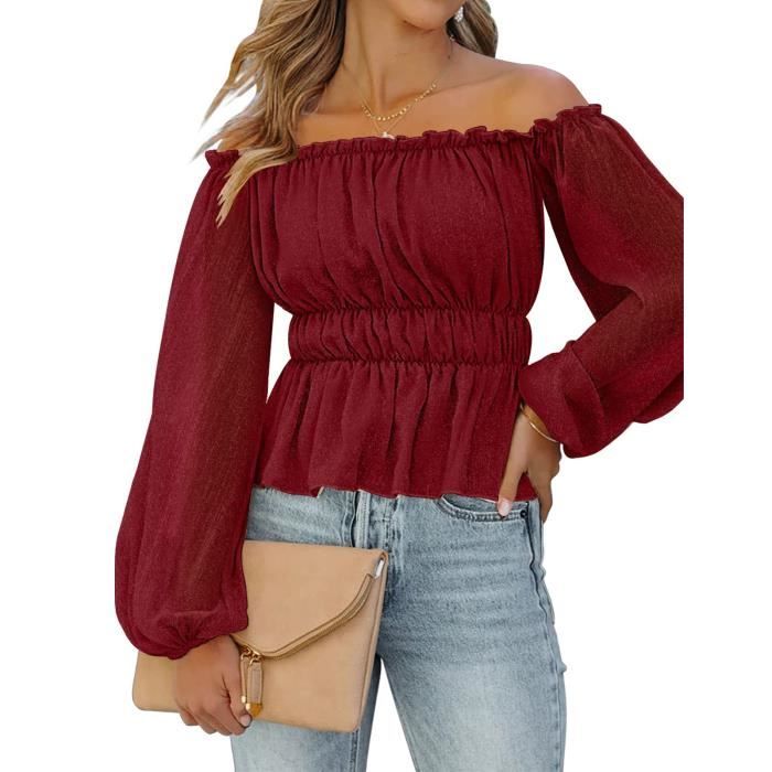 Dioche Blouse Femme paules D nud es Manche Bouffante Longue T