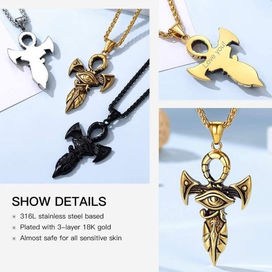 Collier Pendentif Oeil D'Horus Croix Égyptienne Anubis Acier Inoxydable - Chaîne Argent