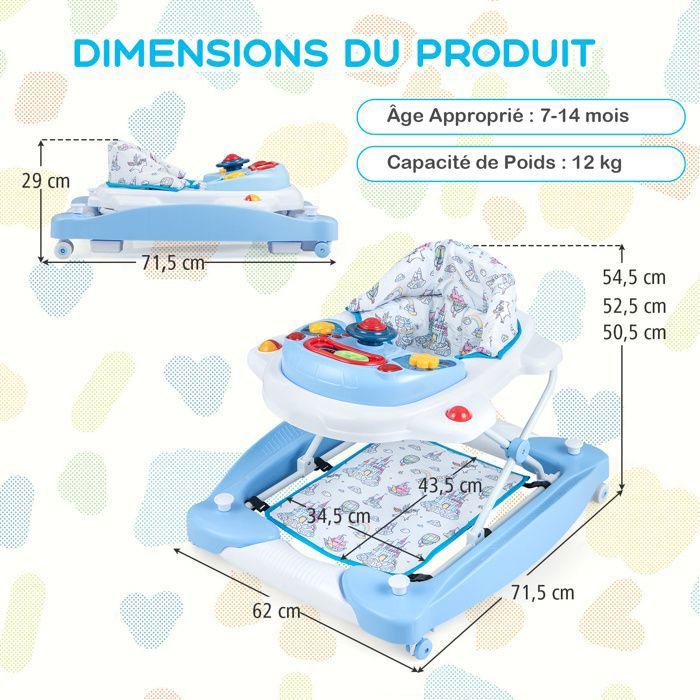Trotteur Bébé Musical 2-en-1 WODFARR - Réglable, Pliable, Plateau Amovible Bleu 6-18 Mois
