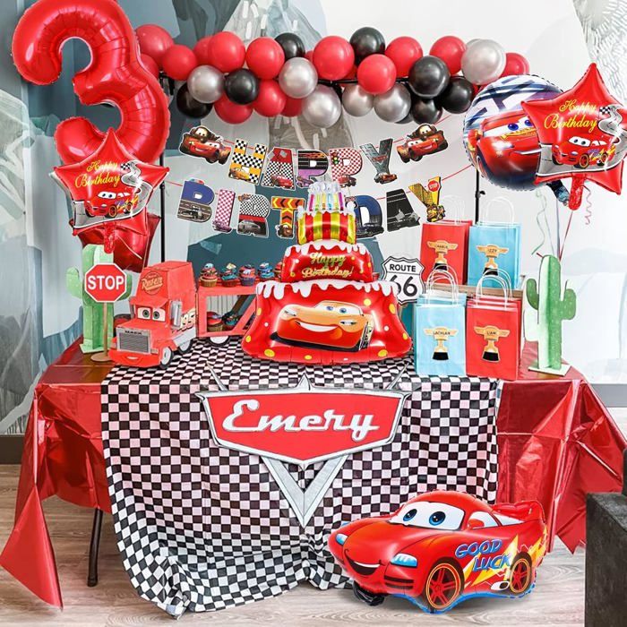 Déco Anniversaire Cars 51 Pièces - Vaisselle Jetable Assiettes, Tasses, Serviettes