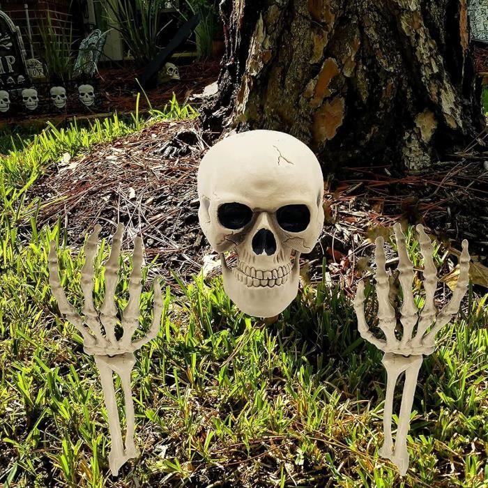 Décorations d'Halloween – Piquets de pelouse réalistes avec visage et bras  de zombie – Piquets de jardin avec tête et mains en os de squelette