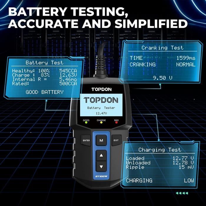TOPDON Testeur de Batterie BT100 12V - 100-2000 CCA Testeur d'alternateur  automobile Analyseur de batterie numérique pour Voiture - Cdiscount Auto