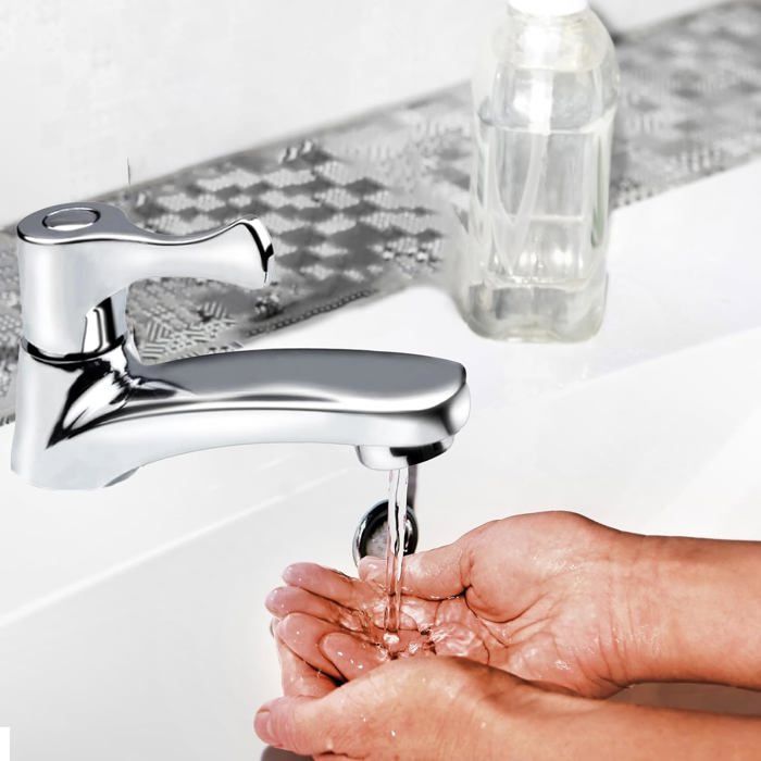 Robinet De Lavabo Salle De Bain Eau Froide - Acier Inoxydable Brossé, Bec Cascade, Avec Tuyau