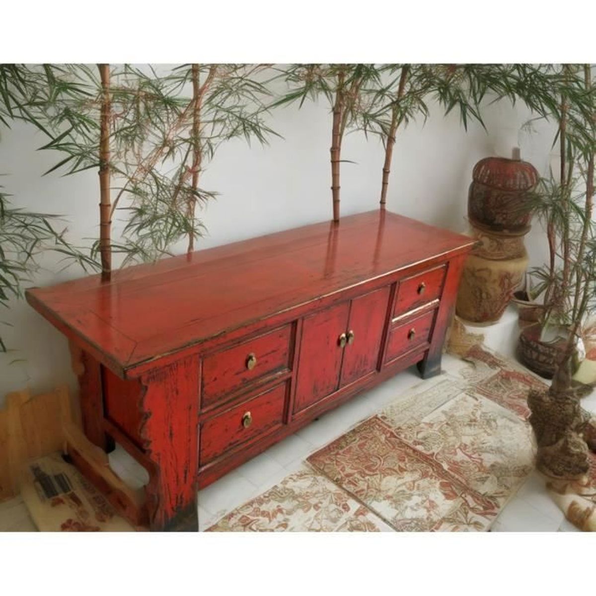 Meuble TV Bas Palazzo INT - Style Asiatique Noir - 130cm Avec 8 Tiroirs - NEUF