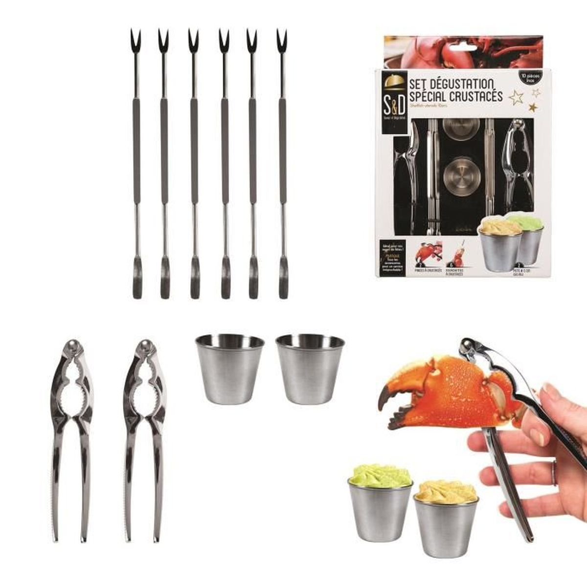 Ustensiles fruits de mer crustacés, set dégustation inox, 10 pièces