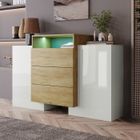 TRUXEN Buffet Salon LED Multicolore - Finition Blanc Laqué Brillant - 2 Portes + 3 Tiroirs - Style Scandinave - Blanc/Bois - 140x30x77.5cm