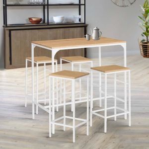 MANGE-DEBOUT IDMARKET Ensemble table haute de bar DETROIT 100 cm et 4 tabourets bois et métal blanc design industriel