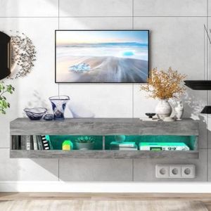 MEUBLE TV Meuble TV - Meuble de Salon LED Suspendu - 140 cm - Blanc Brillant avec Eclairage LED - 2 Niches Ouvertes - Gris Marbre