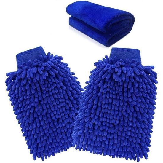 Gants De Lavage Voiture En Microfibre Chenille - 2 Pièces Bleues - Absorbants Et Sans Rayures - Pour Voiture Et Maison